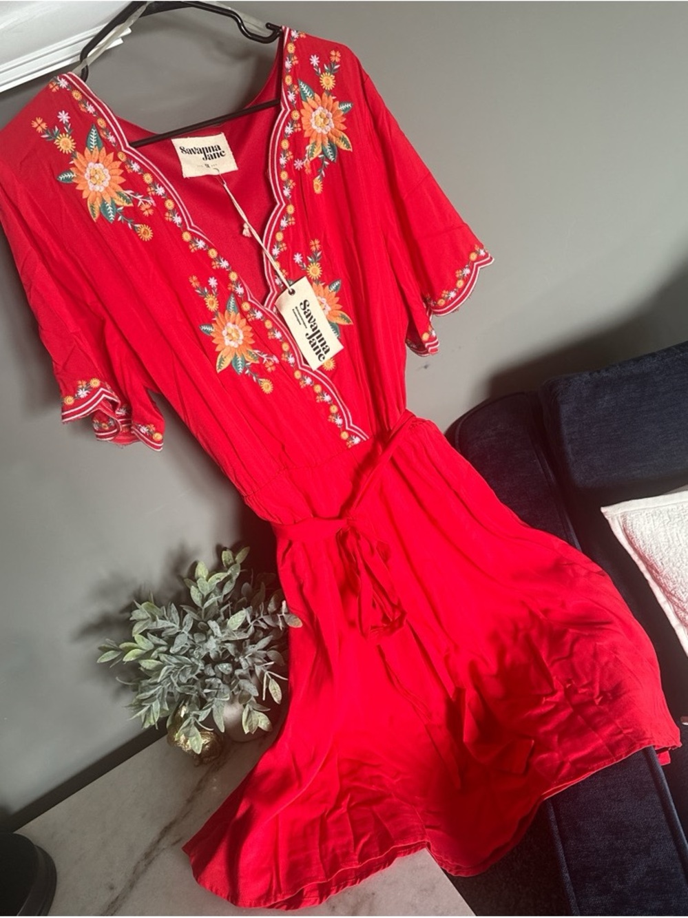 Savannah Jane Red Embroidered Floral Tie-Waist Dress